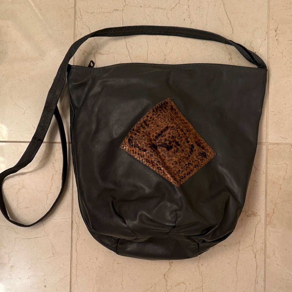 Steele Grey Leather Shoulder Bag with Reptile  Accent